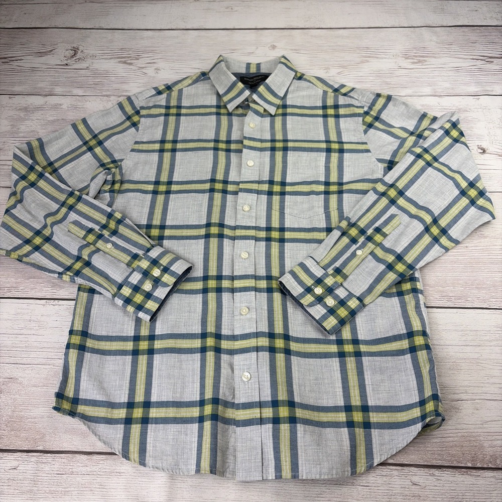 Banana Republic Men's M Soft Wash Long Sleeve Shirt Slim Fit Blue Yellow Plaid
